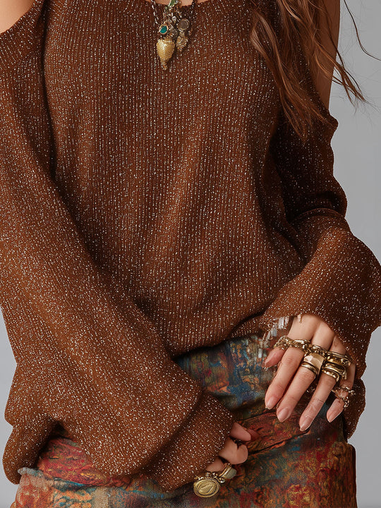 Boho Silver-thread Knit Pullover With Cut-out Shoulders