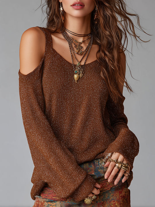 Boho Silver-thread Knit Pullover With Cut-out Shoulders