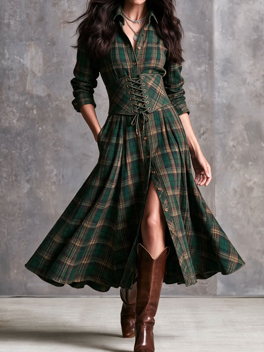Retro Western Plaid Detachable Corset Maxi Dress With Belt Pockets