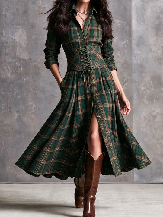 Retro Western Plaid Detachable Corset Maxi Dress With Belt Pockets