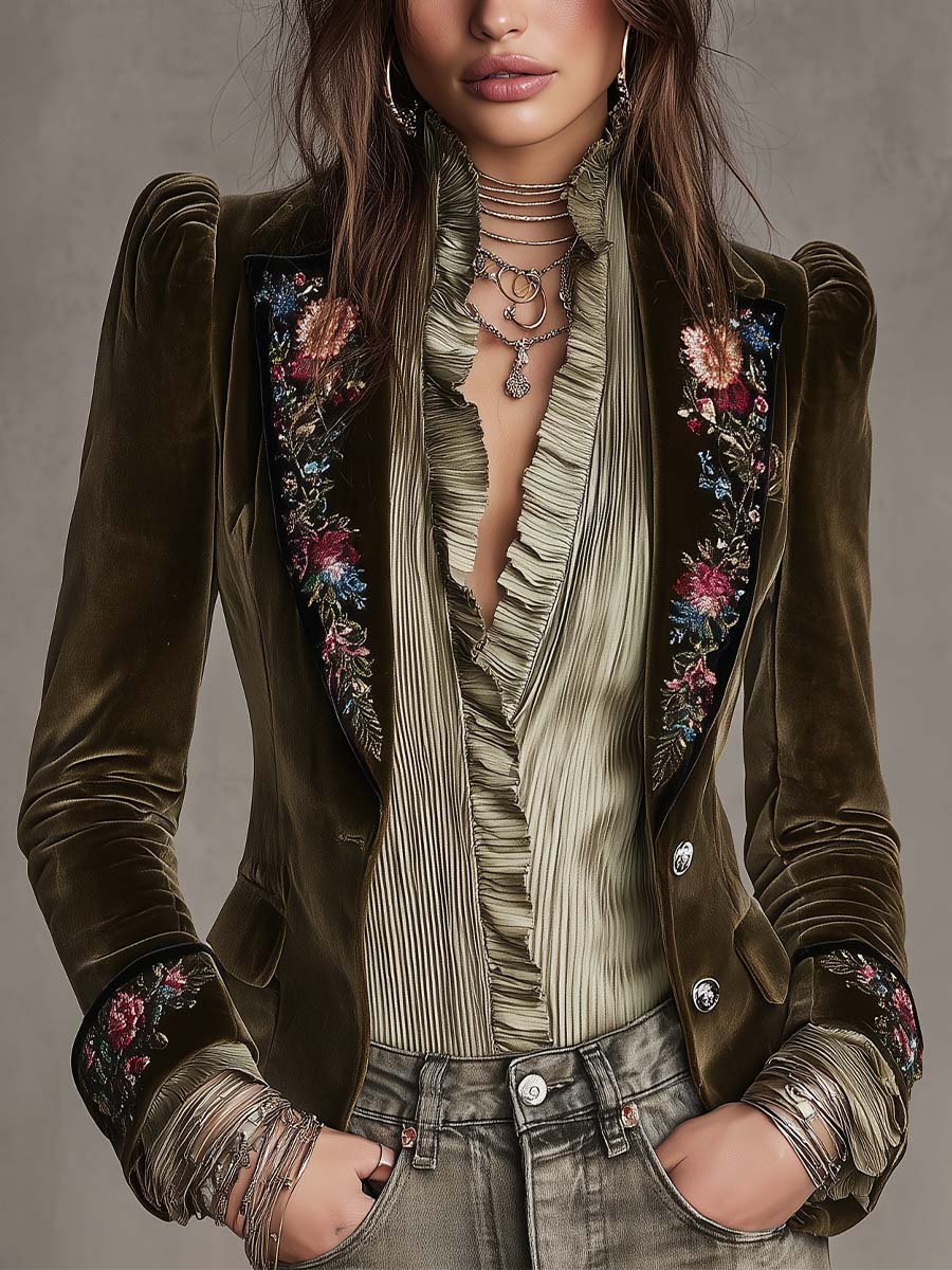 Elegant Boho Olive Velvet Jacket Floral Embroidered Puff Sleeve
