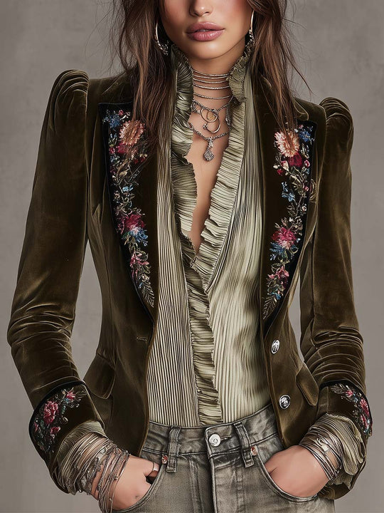 Elegant Boho Olive Velvet Jacket Floral Embroidered Puff Sleeve