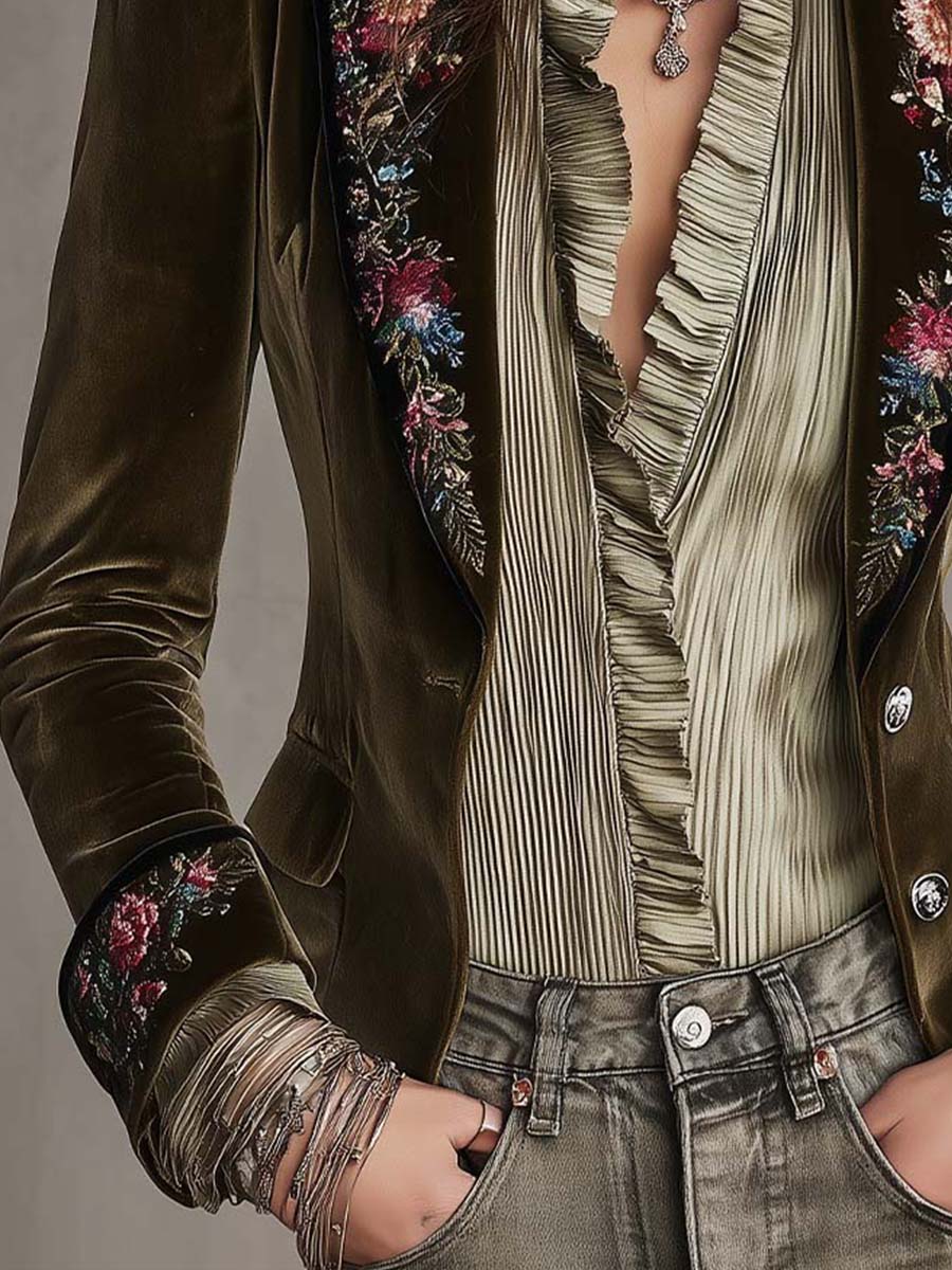 Elegant Boho Olive Velvet Jacket Floral Embroidered Puff Sleeve