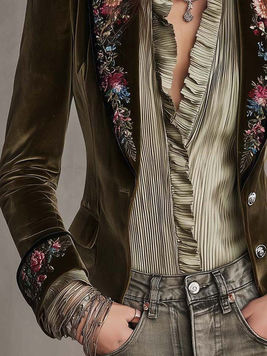 Elegant Boho Olive Velvet Jacket Floral Embroidered Puff Sleeve