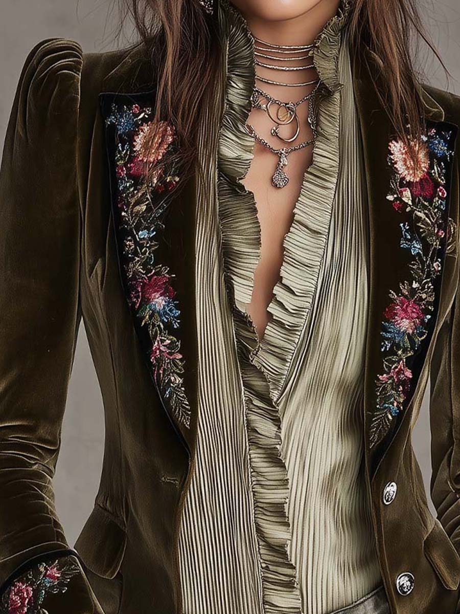Elegant Boho Olive Velvet Jacket Floral Embroidered Puff Sleeve