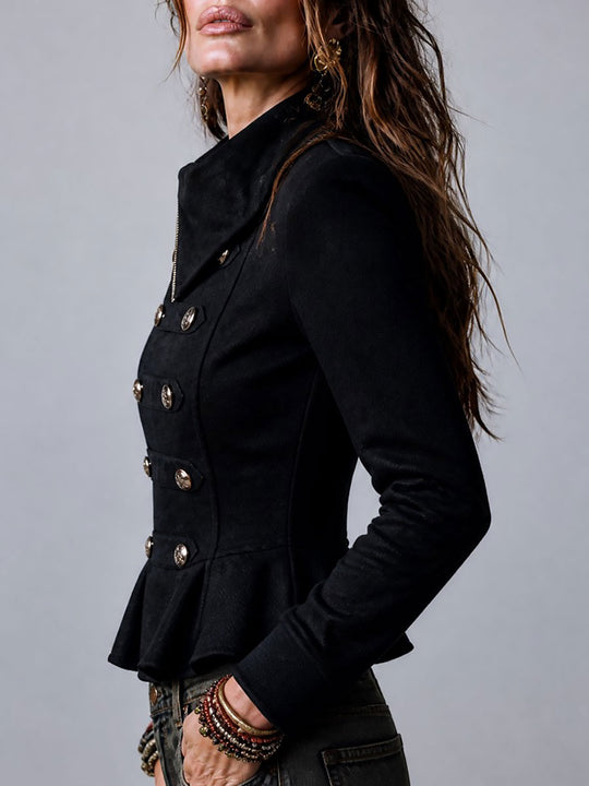 Boho Military Style Asymmetric-placket Double-Breasted Buttons Peplum Jacket