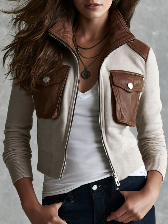 Western Retro Brown Faux‑Leather Collar & Pocket Knit Moto Jacket