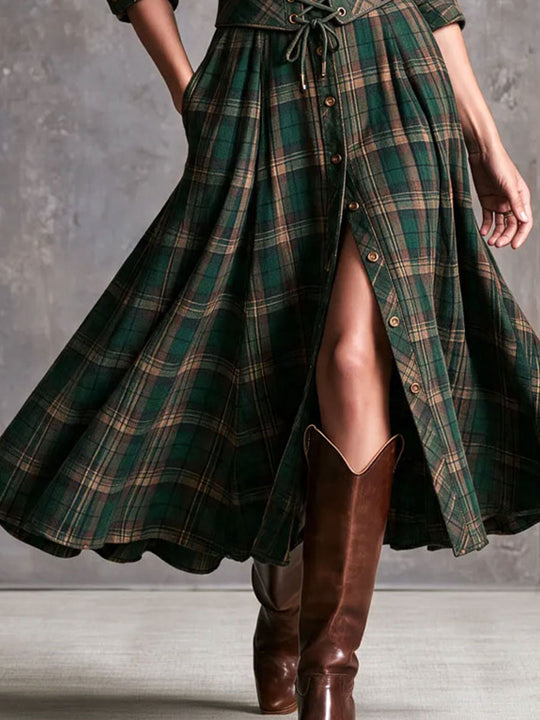 Retro Western Plaid Detachable Corset Maxi Dress With Belt Pockets