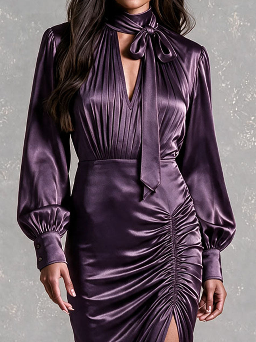 Retro Elegant Bow‑Tie Neck Dark Purple Satin Ruched Slit Midi Dres