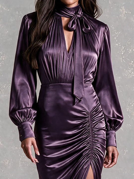 Retro Elegant Bow‑Tie Neck Dark Purple Satin Ruched Slit Midi Dres