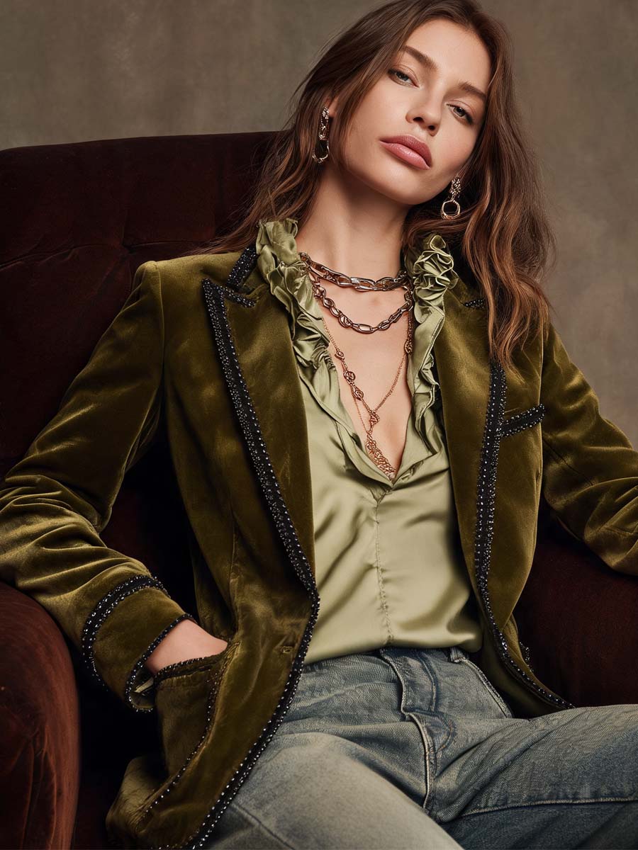Boho Vintage Olive Velvet Jacket Black Edge Detail