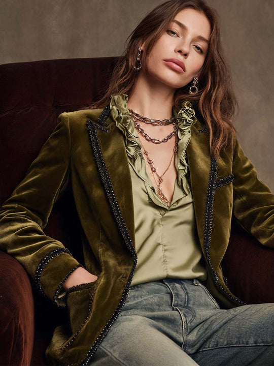 Boho Vintage Olive Velvet Jacket Black Edge Detail