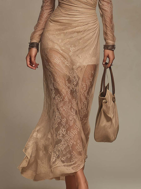 Elegant Boho Sheer Beige Lace Long Sleeve Maxi Dress