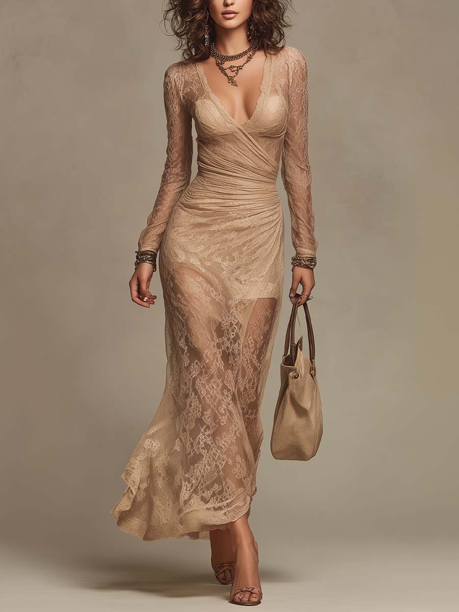 Elegant Boho Sheer Beige Lace Long Sleeve Maxi Dress