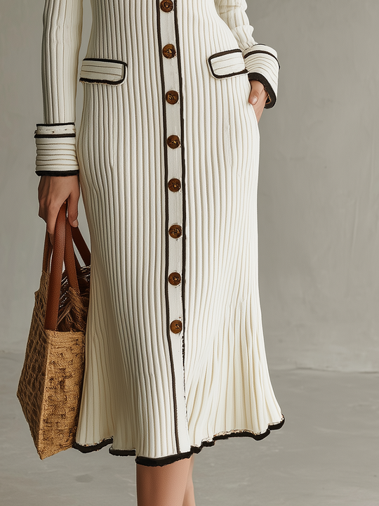 Refined Ivory Contrast Trim Ribbed Knit Midi Dress
