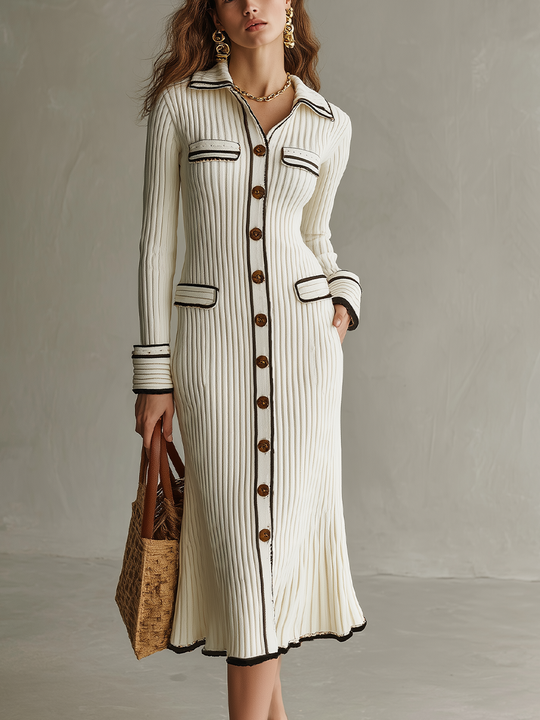 Refined Ivory Contrast Trim Ribbed Knit Midi Dress