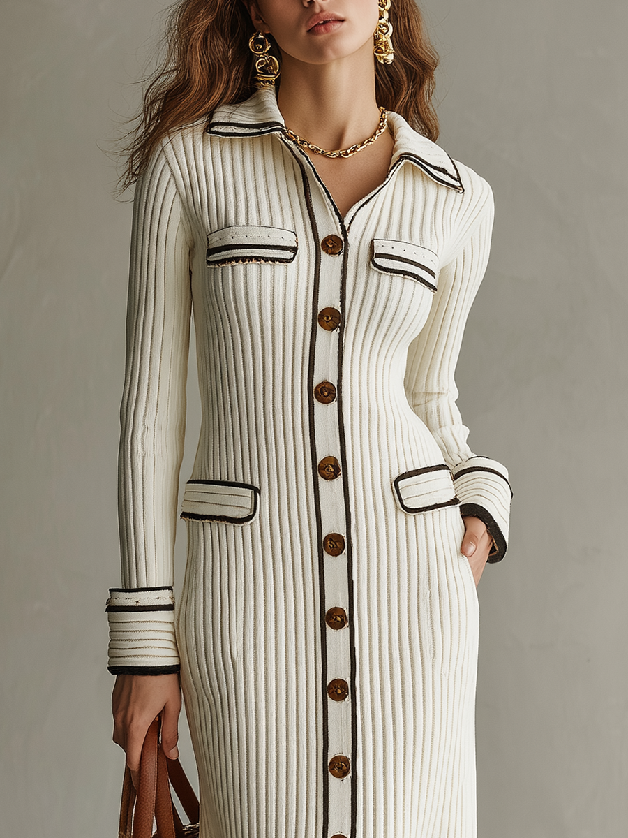 Refined Ivory Contrast Trim Ribbed Knit Midi Dress