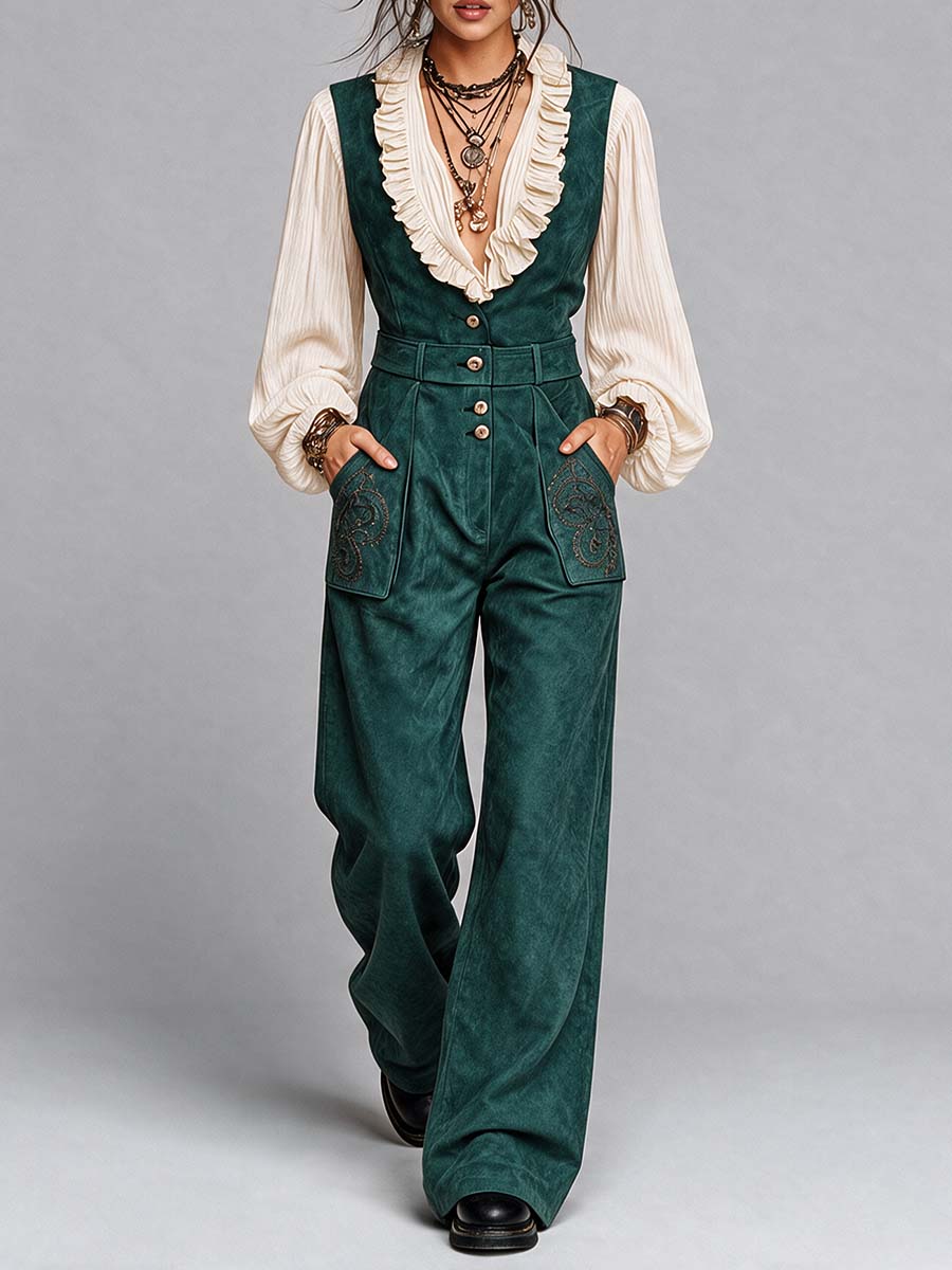 Emerald Suede Wide-Leg Jumpsuit