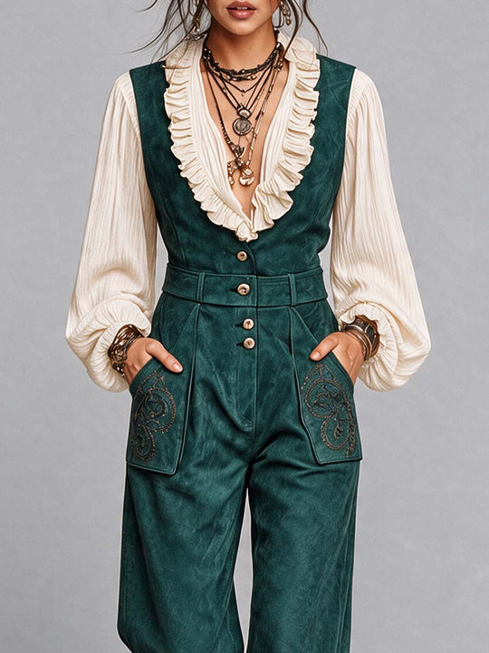 Emerald Suede Wide-Leg Jumpsuit