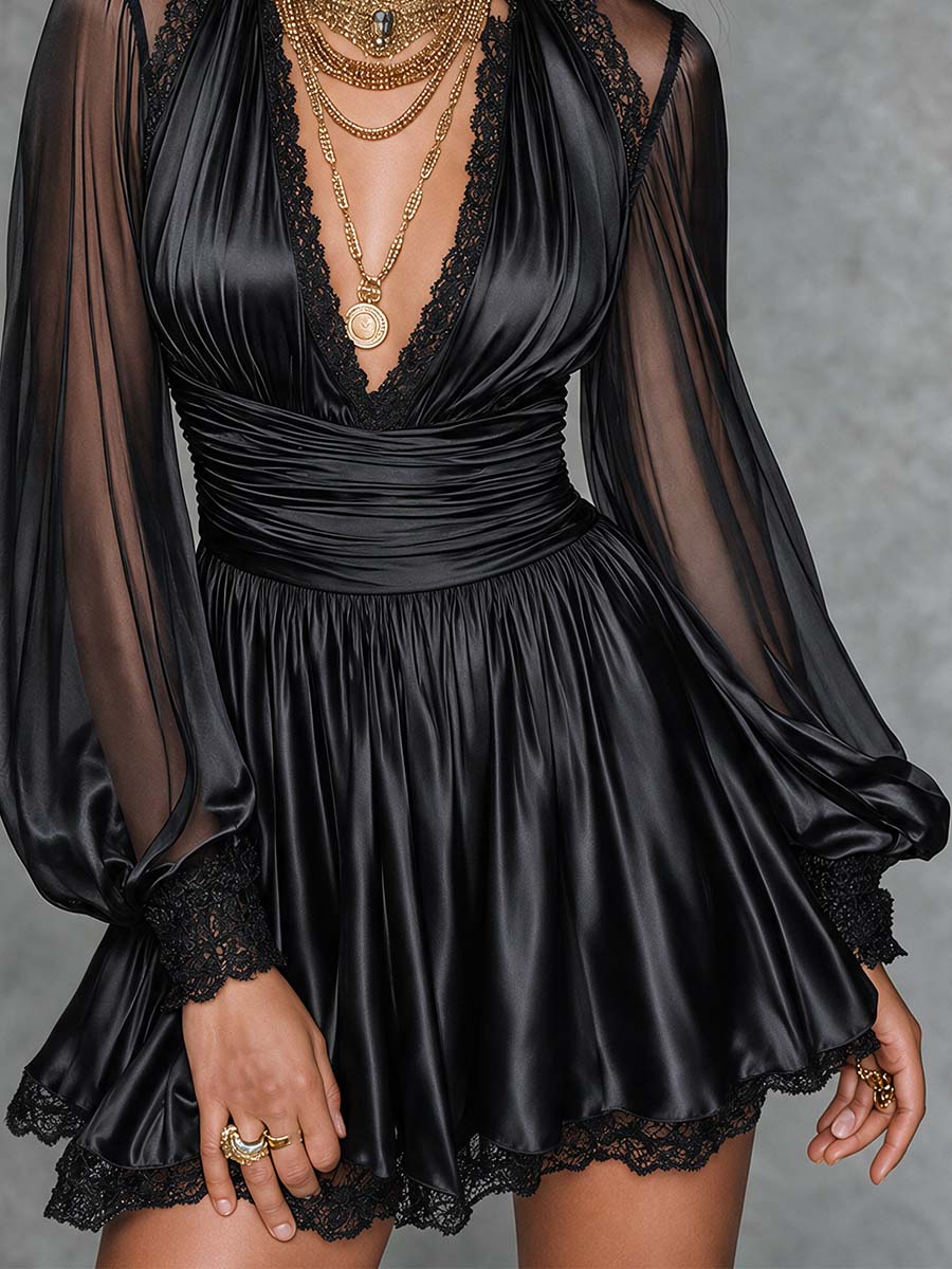 Boho Black Lace Trim Mini Dress