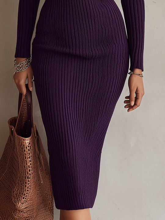 Elegant Deep Plum Off-Shoulder Button Knit Midi Dress