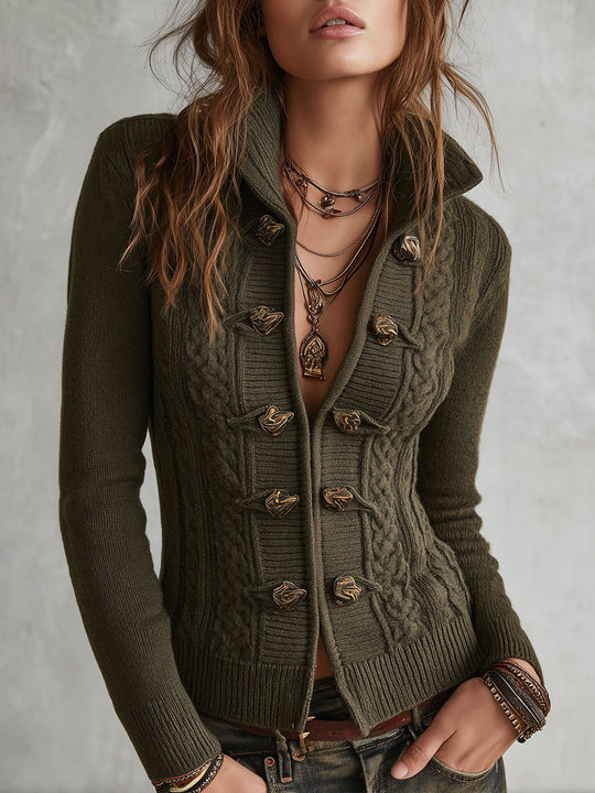 Retro Cable-knit Ribbed Mock-neck Slim-fit Cardigan
