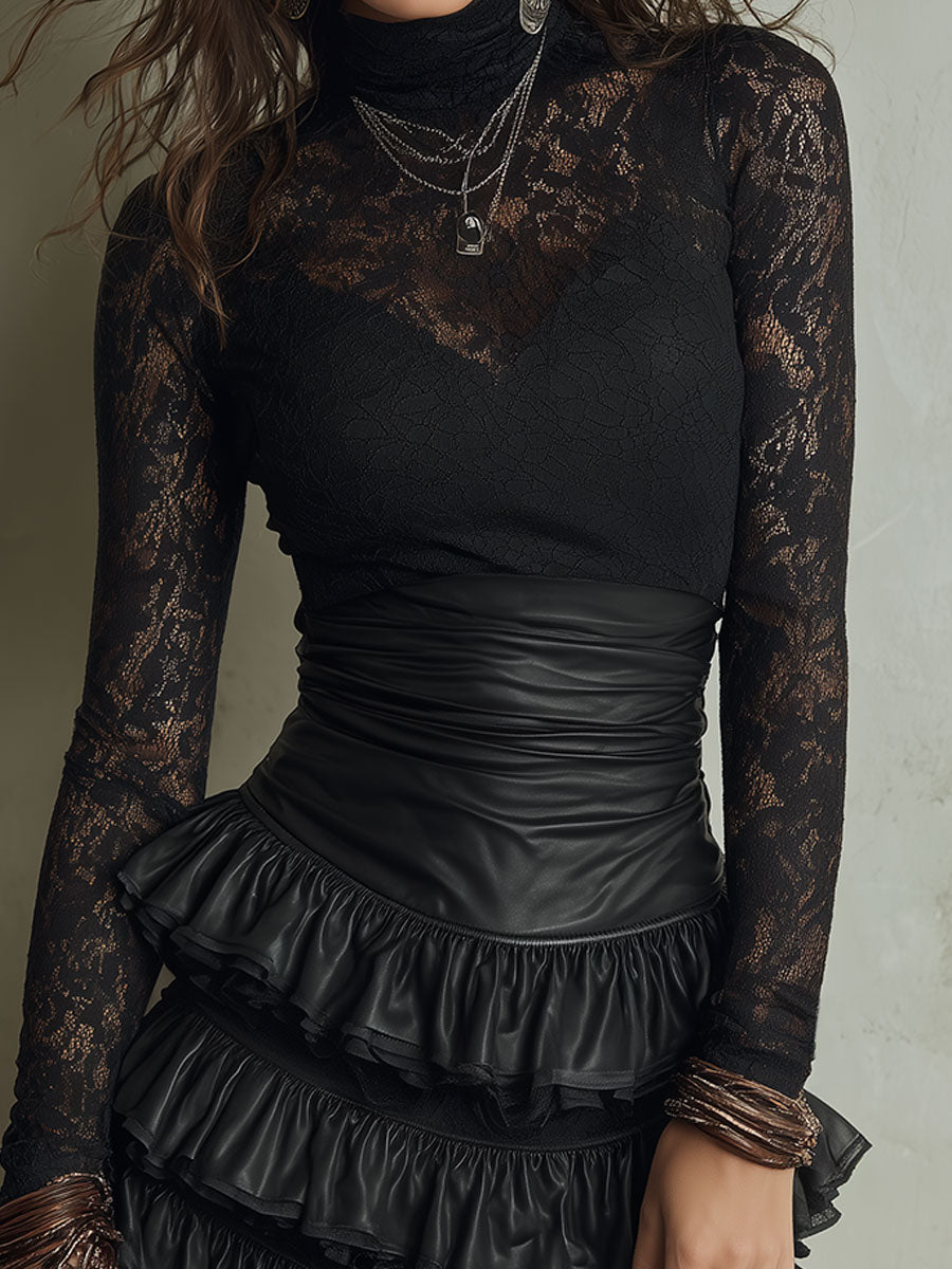 Gothic High-Neck Lace-Panel Tiered Mini Dress