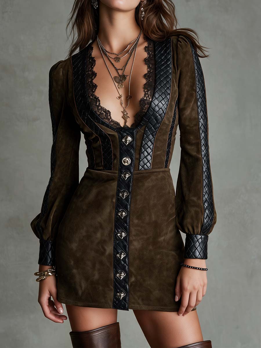 Elegant Vintage Dark Olive Suede Puff Sleeve Mini Dress