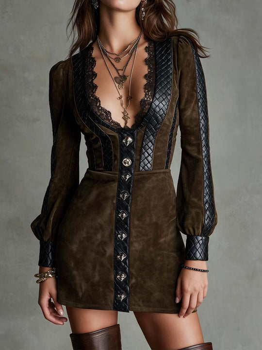 Elegant Vintage Dark Olive Suede Puff Sleeve Mini Dress