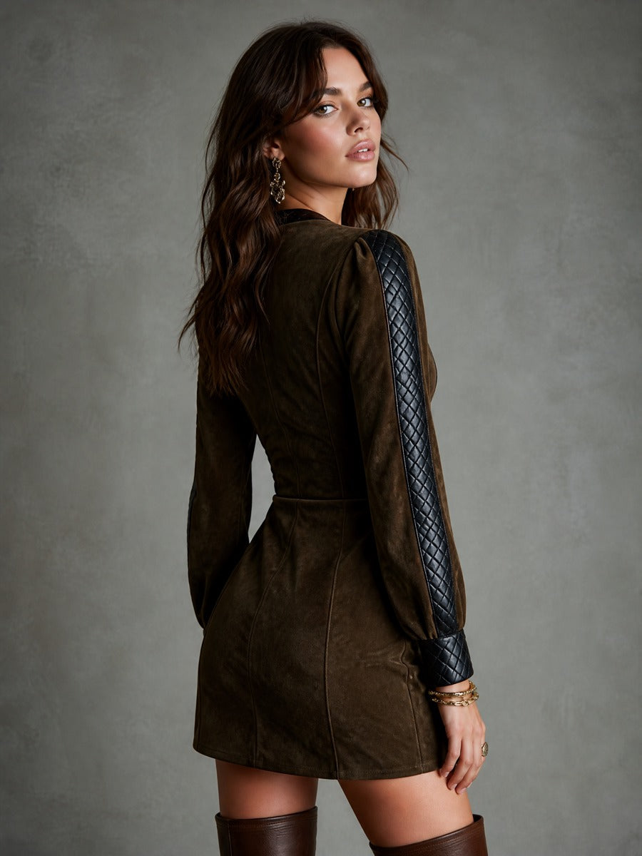 Elegant Vintage Dark Olive Suede Puff Sleeve Mini Dress