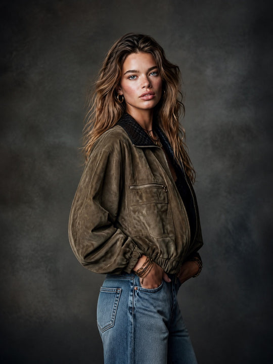 Vintage Suede-Look Zip-Up Bomber Jacket with Quilted Contrast Collar