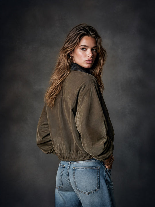 Vintage Suede-Look Zip-Up Bomber Jacket with Quilted Contrast Collar