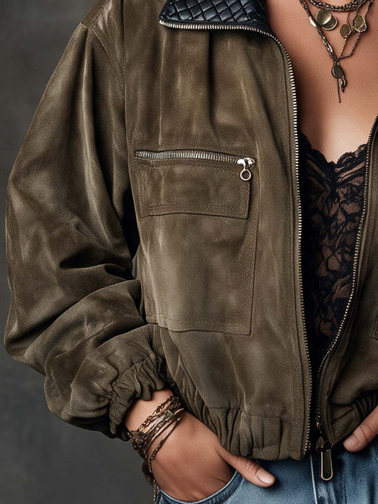 Vintage Suede-Look Zip-Up Bomber Jacket with Quilted Contrast Collar