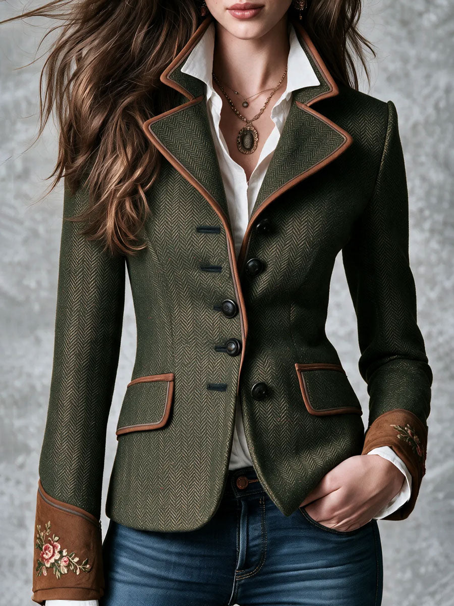 Vintage Forest Green Herringbone Embroidered Blazer With Brown Suede Trim