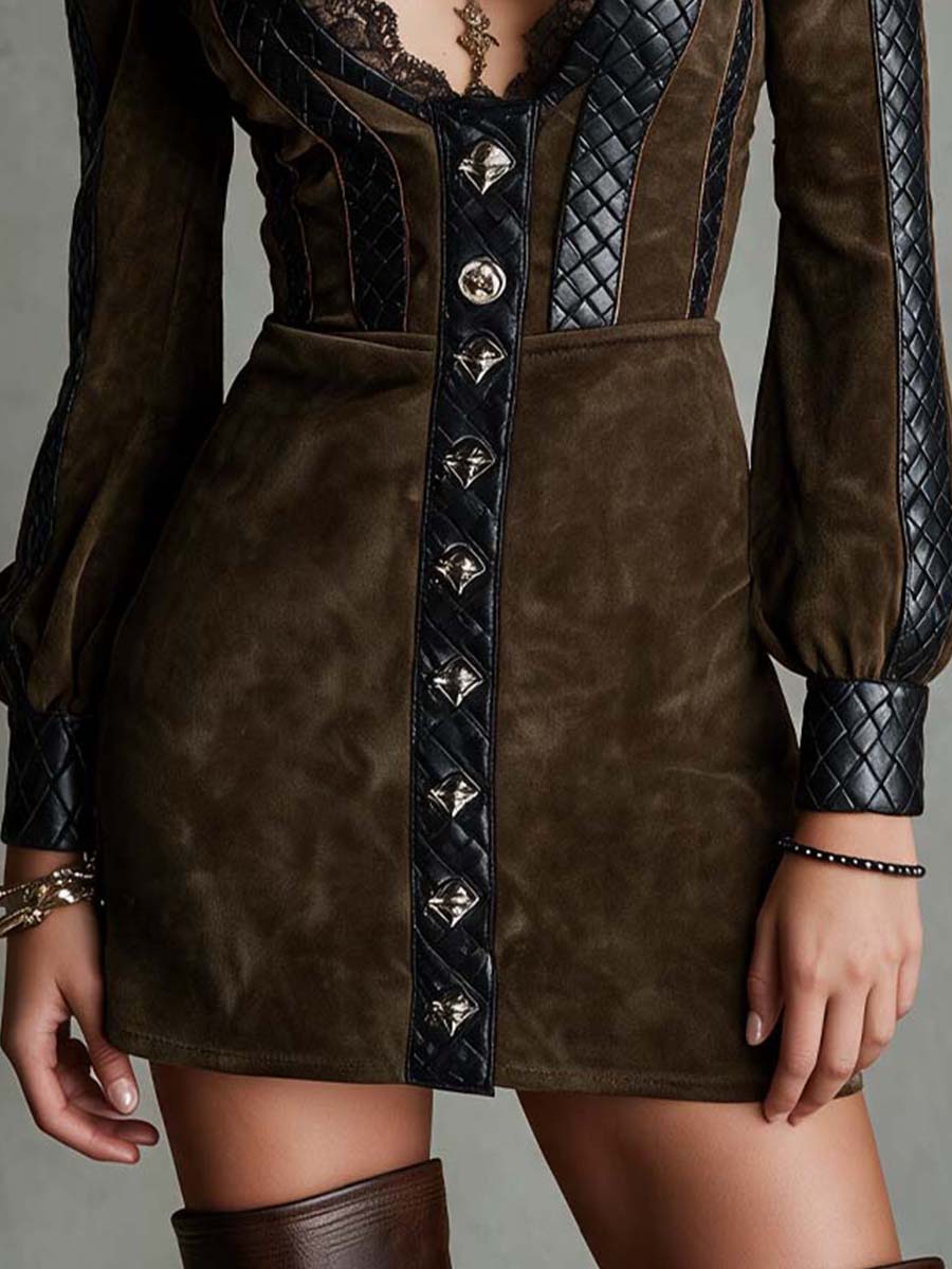 Elegant Vintage Dark Olive Suede Puff Sleeve Mini Dress