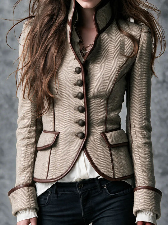Vintage Western Stand‑Collared Tweed Coat With Button‑Front