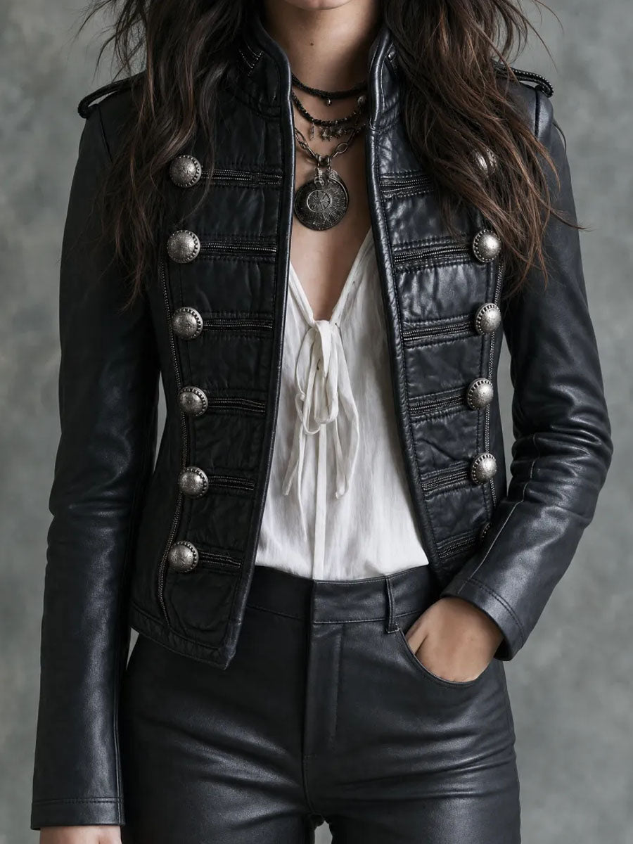 Retro Black Faux‑Leather Double‑Breasted Jacket