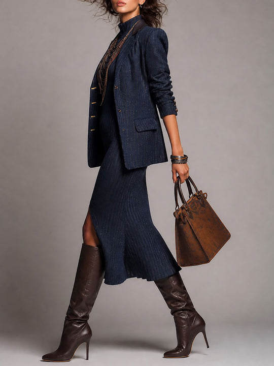 Retro Pinstripe Blazer & Ribbed Knit Slit Midi Dress Set
