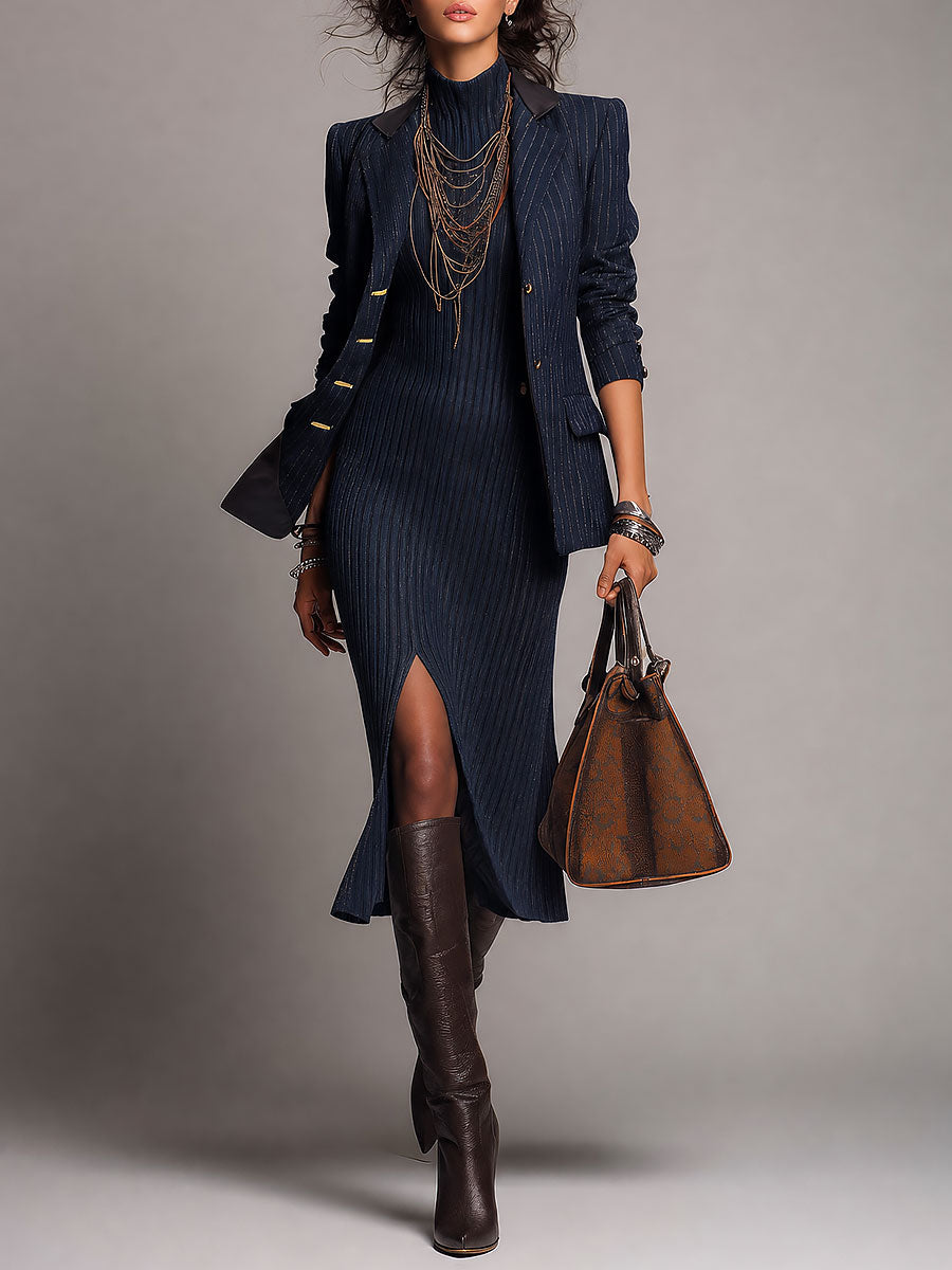 Retro Pinstripe Blazer & Ribbed Knit Slit Midi Dress Set