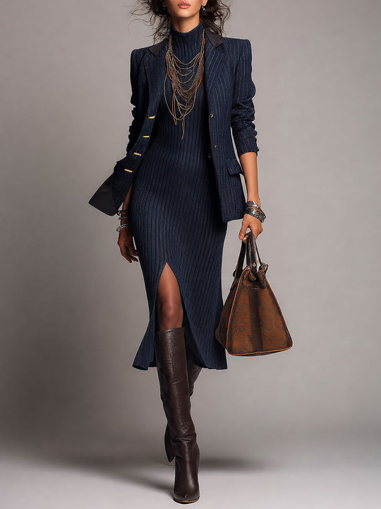 Retro Pinstripe Blazer & Ribbed Knit Slit Midi Dress Set