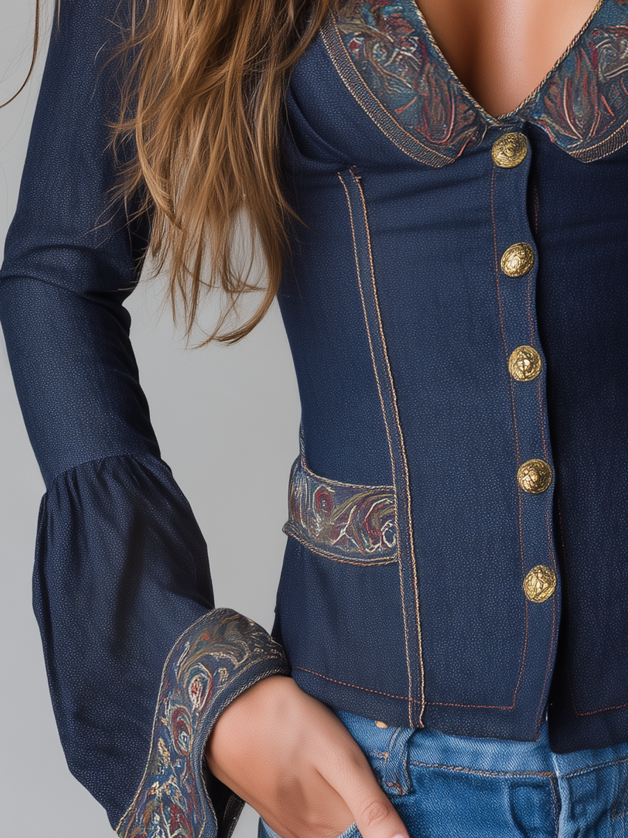 Refined Navy Paisley Trim Button Front Jacket