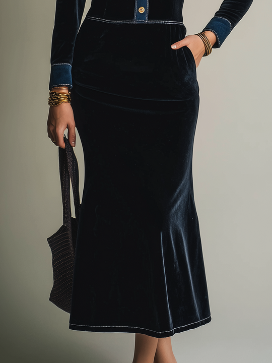 Refined Midnight Navy Contrast Trim Velvet Maxi Dress