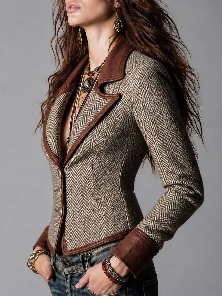 Retro Herringbone Tweed Blazer with Leather Trim Detail