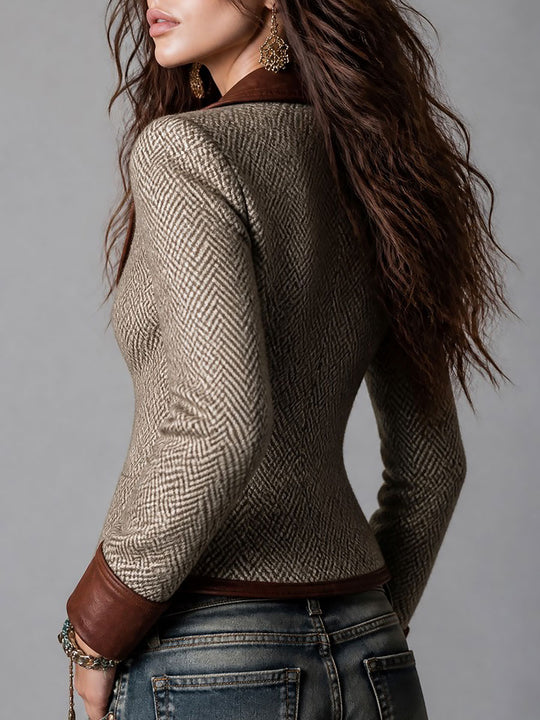 Retro Herringbone Tweed Blazer with Leather Trim Detail