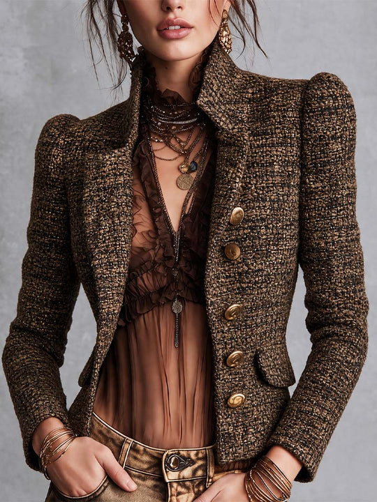 vintage Tweed Metallic Thread Double-Breasted Blazer with Gold Buttons