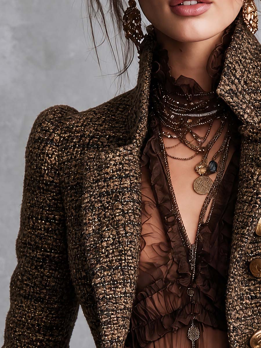 vintage Tweed Metallic Thread Double-Breasted Blazer with Gold Buttons