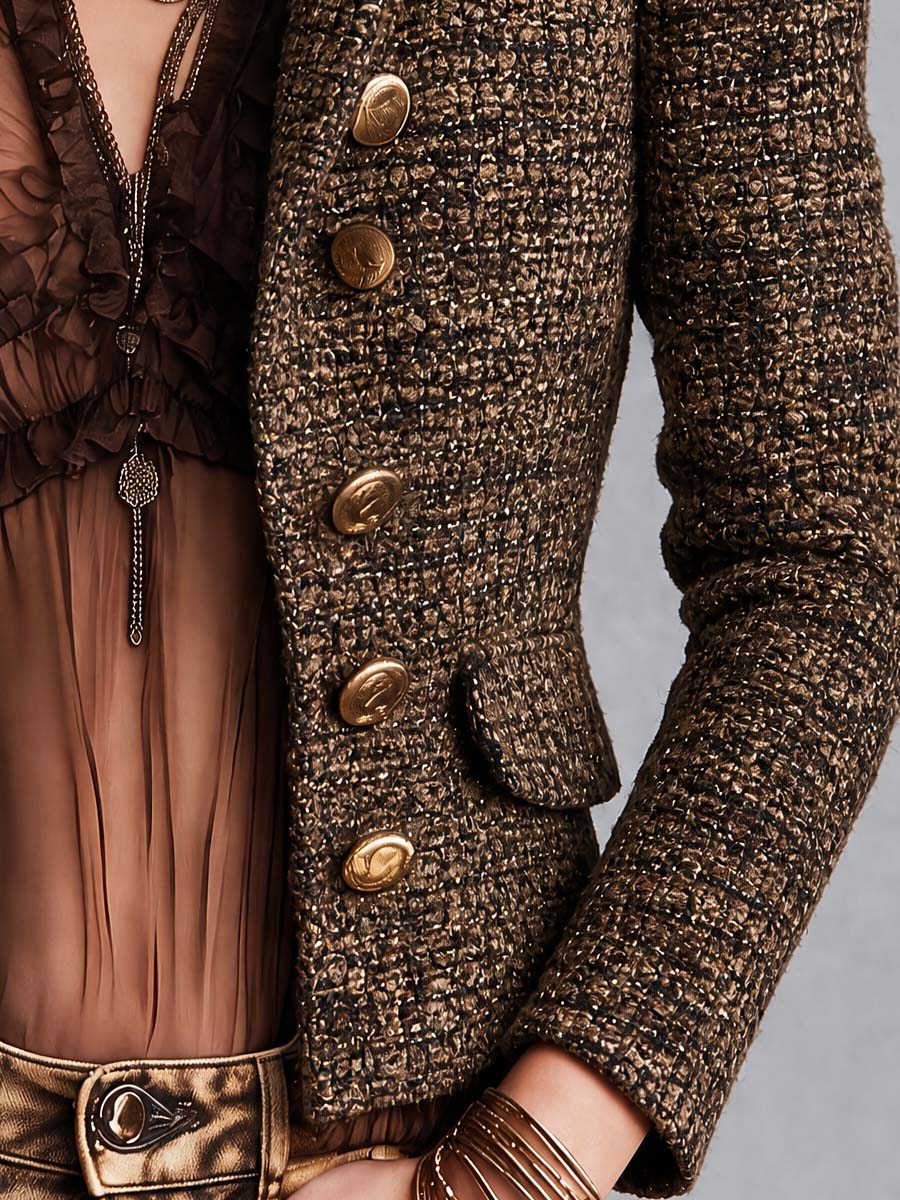 vintage Tweed Metallic Thread Double-Breasted Blazer with Gold Buttons
