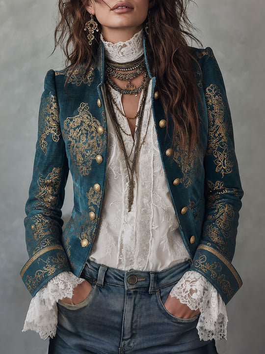 Retro Military Style Stand-collar Gold Baroque Print Blazer