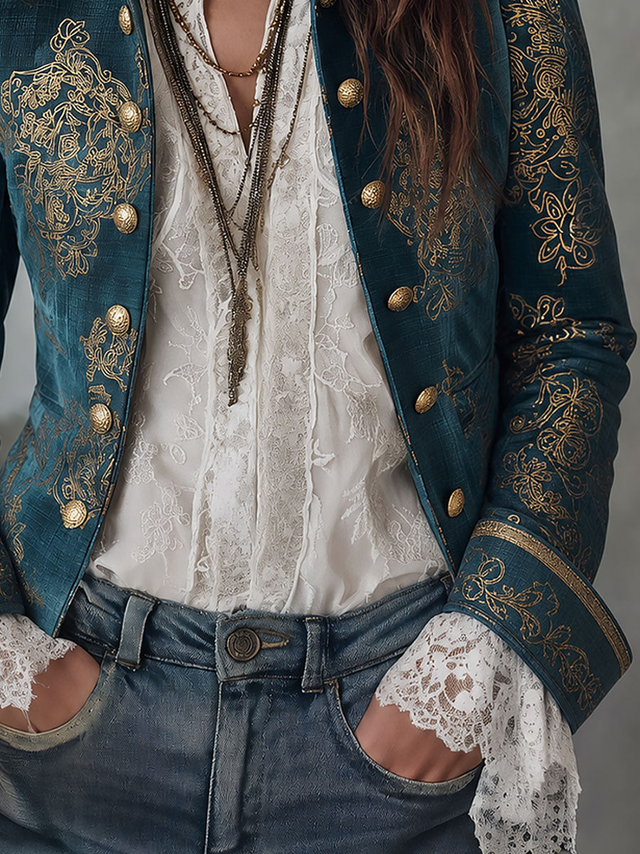 Retro Military Style Stand-collar Gold Baroque Print Blazer