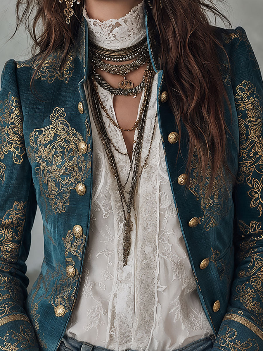 Retro Military Style Stand-collar Gold Baroque Print Blazer